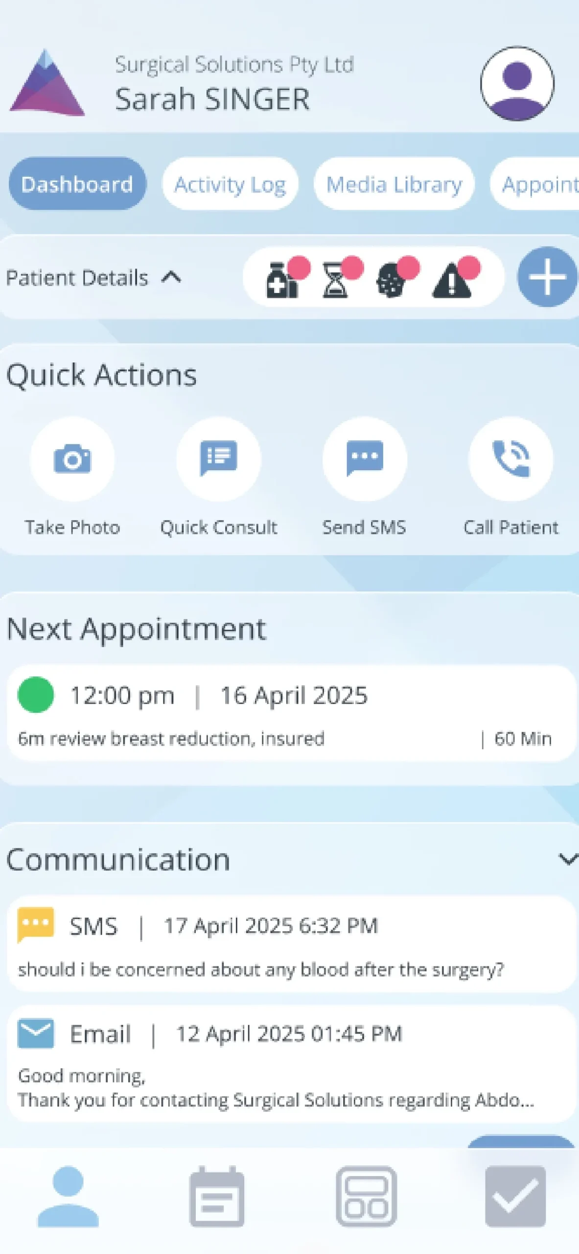 Capstone Clinic app — patient dashboard with quick actions, next appointment and communication history
