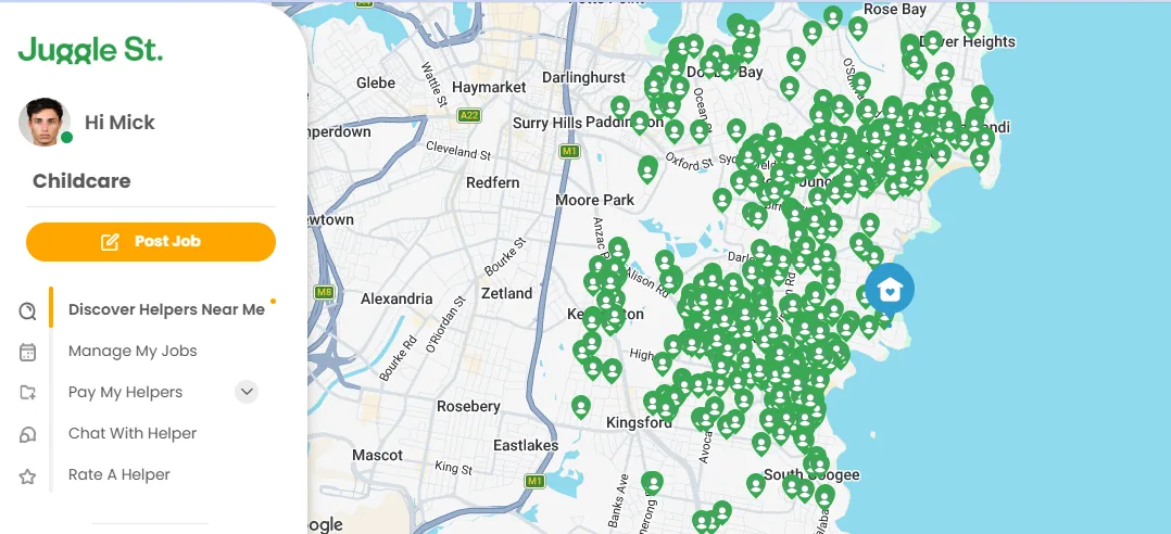 Juggle Street parent dashboard — map of available helpers across Sydney with Post Job and helper management menu