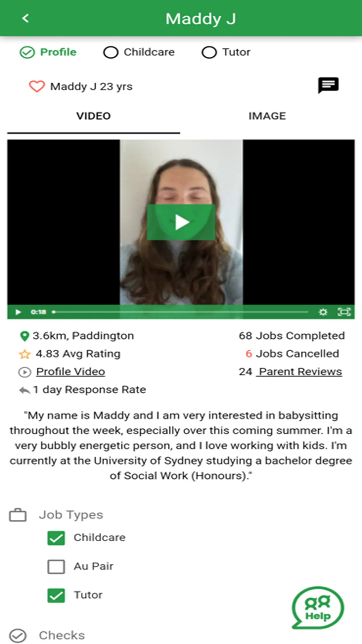 Juggle Street iOS app — helper profile with video intro, ratings and job history