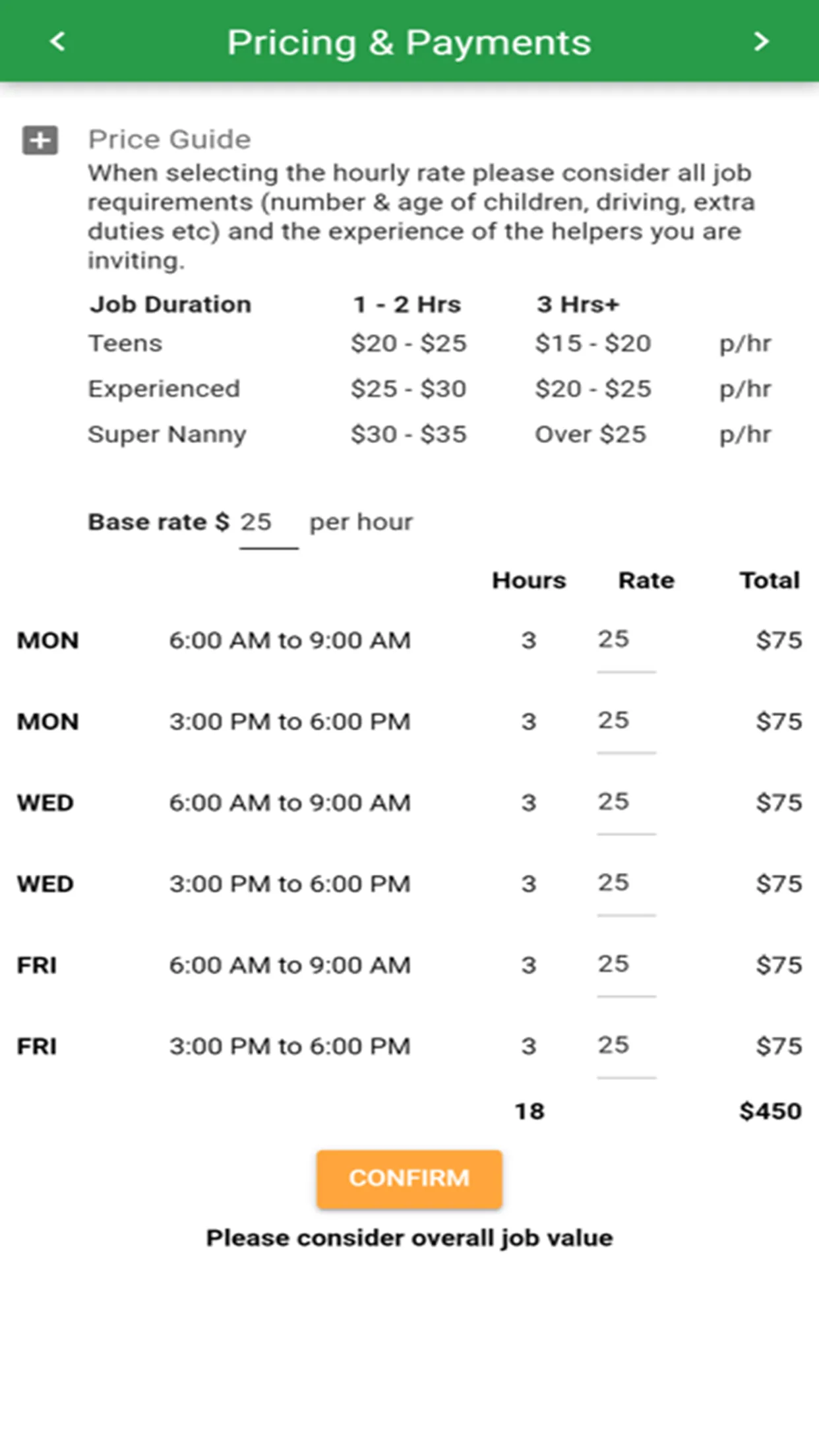 Juggle Street iOS app — pricing and payments screen with hourly rate guide and job totals