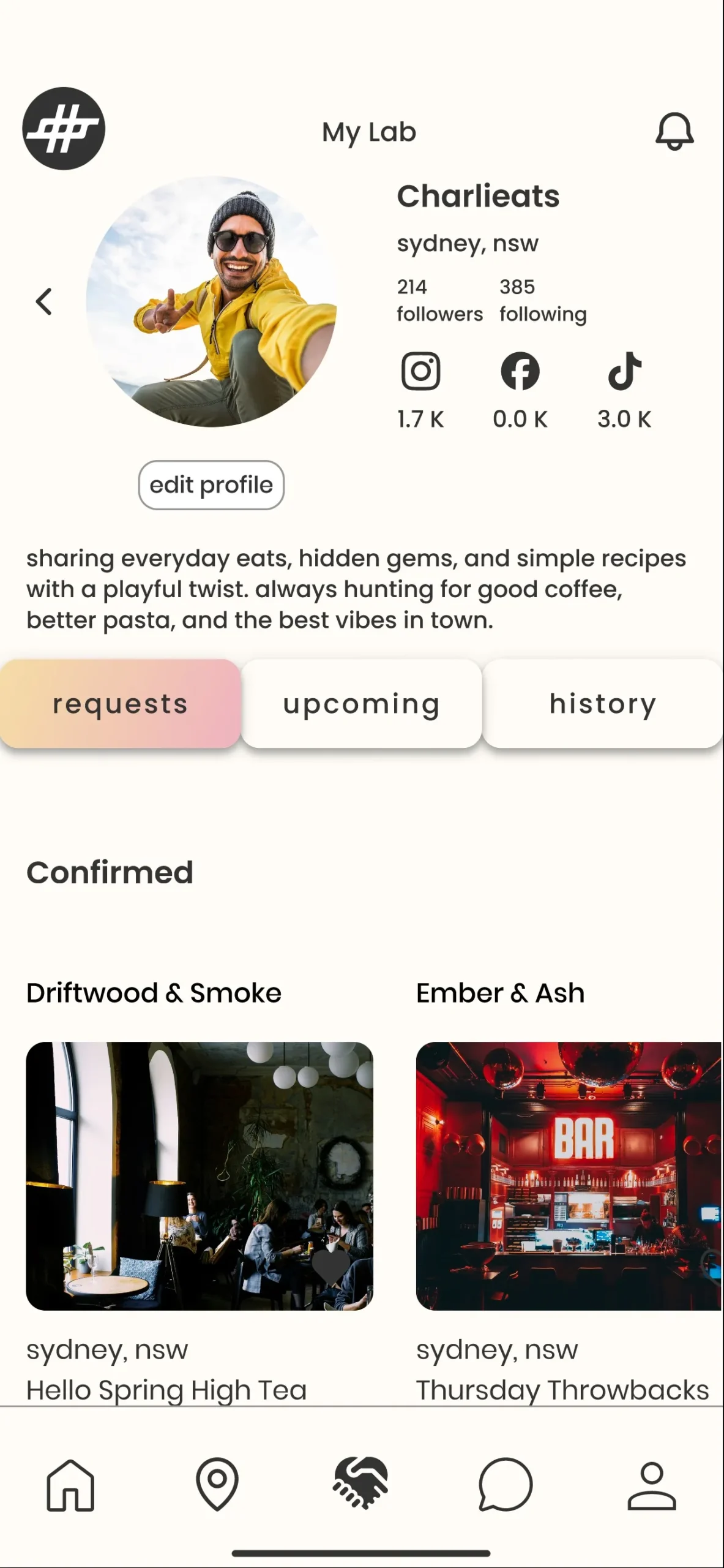 Showlab creator profile — followers, requests and confirmed collaborations