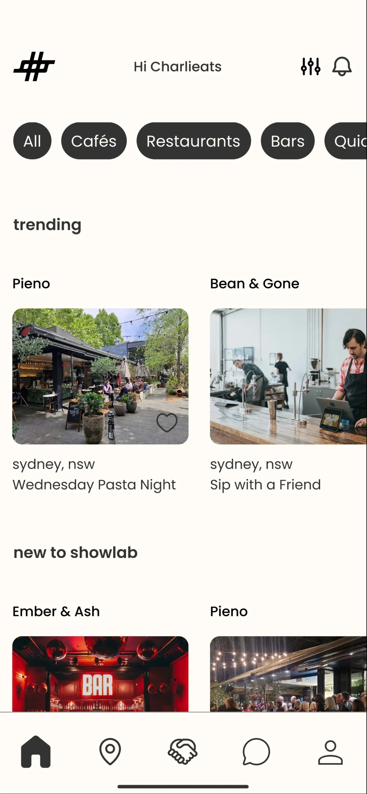 Showlab home feed — trending venues and new offers